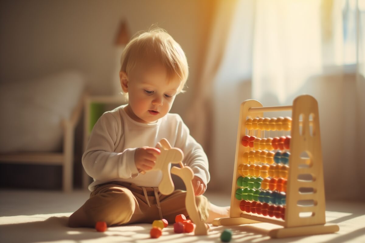Cute blonde baby playing with colorful Montessori toys in his playroom covered in sunshine.