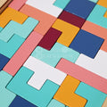 Close up of colorful Montessori Wooden Tetris pieces.