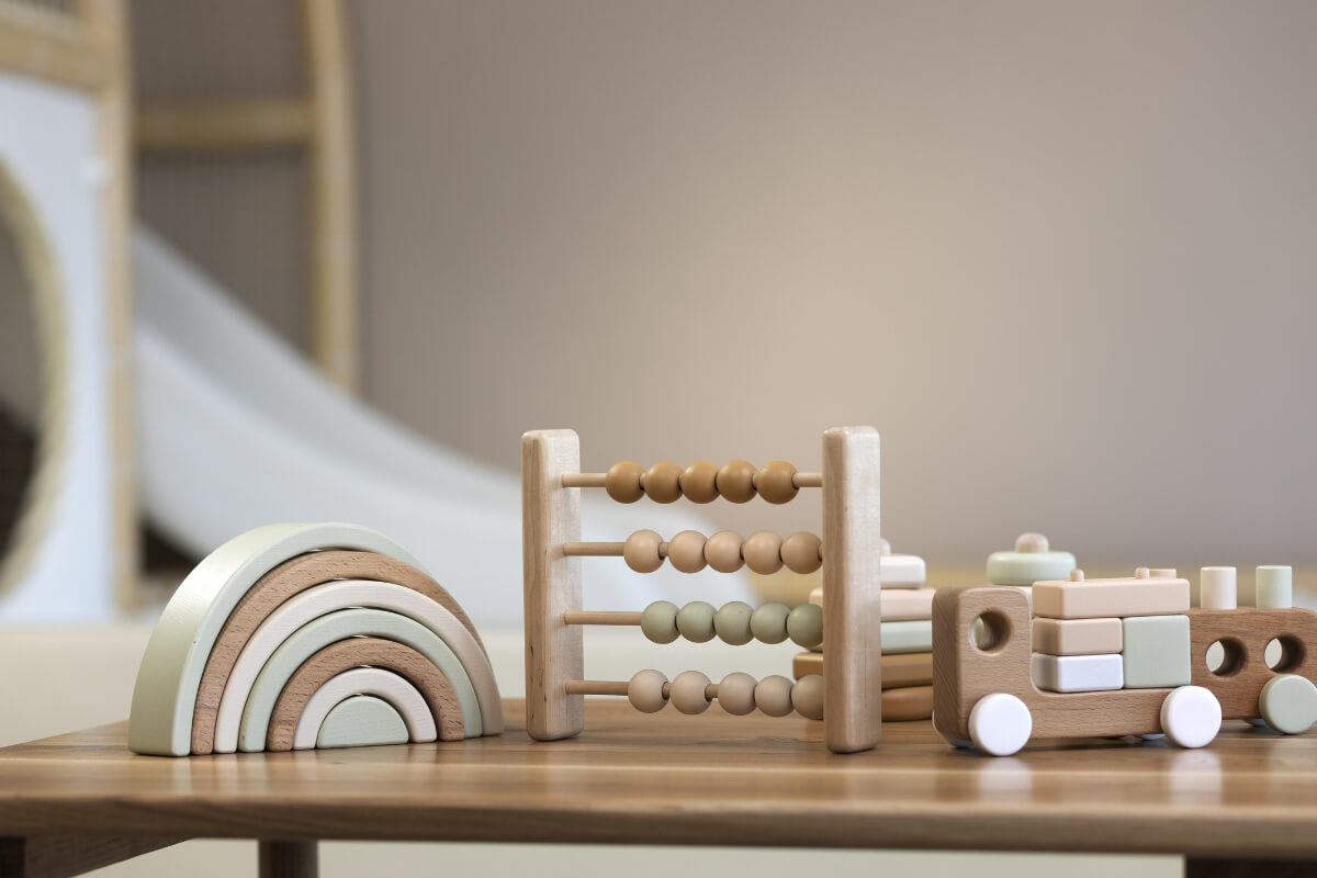 Set of wooden Montessori toys  on the table. 