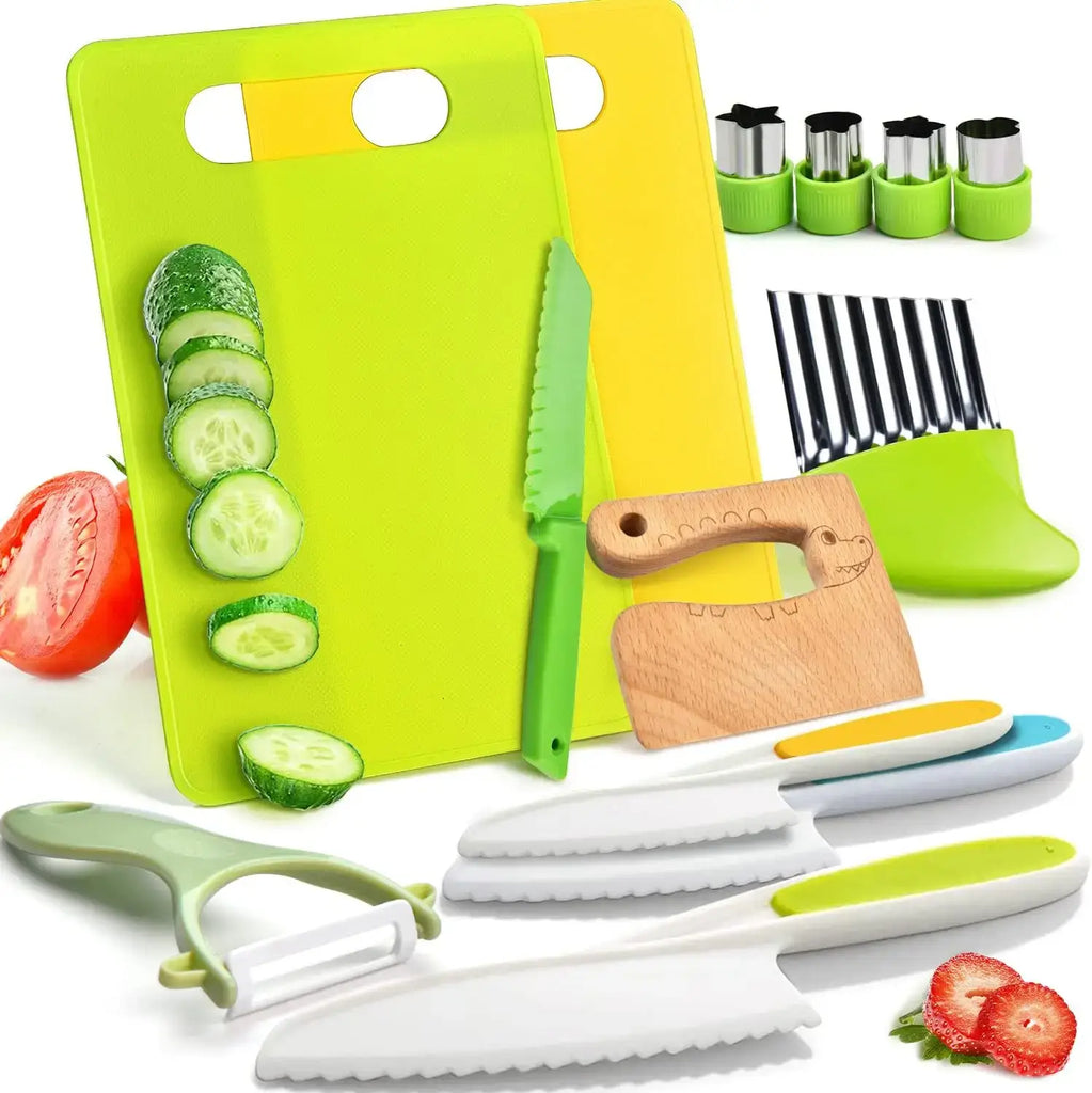 Montessori Cooking Tools set and all its components on a white background.