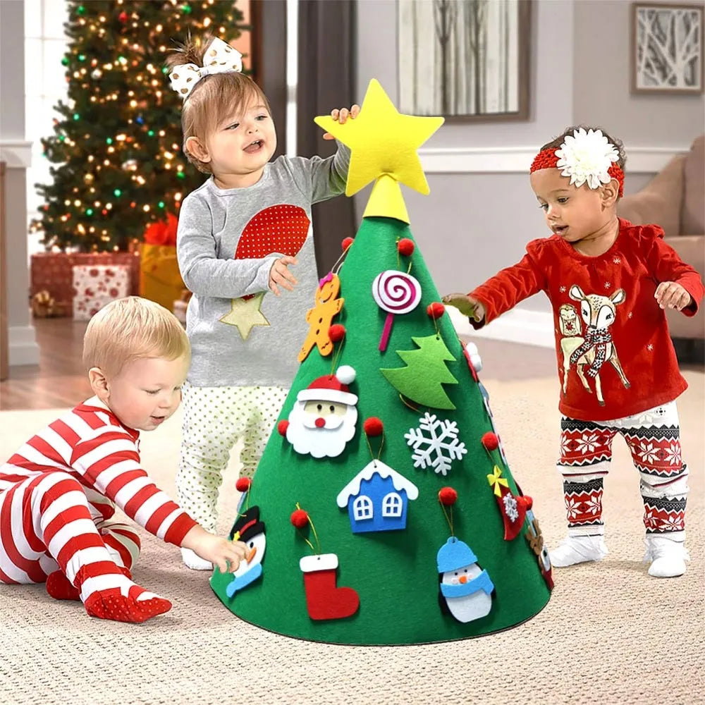 Little kids decorating a felt Montessori Christmas Tree. 
