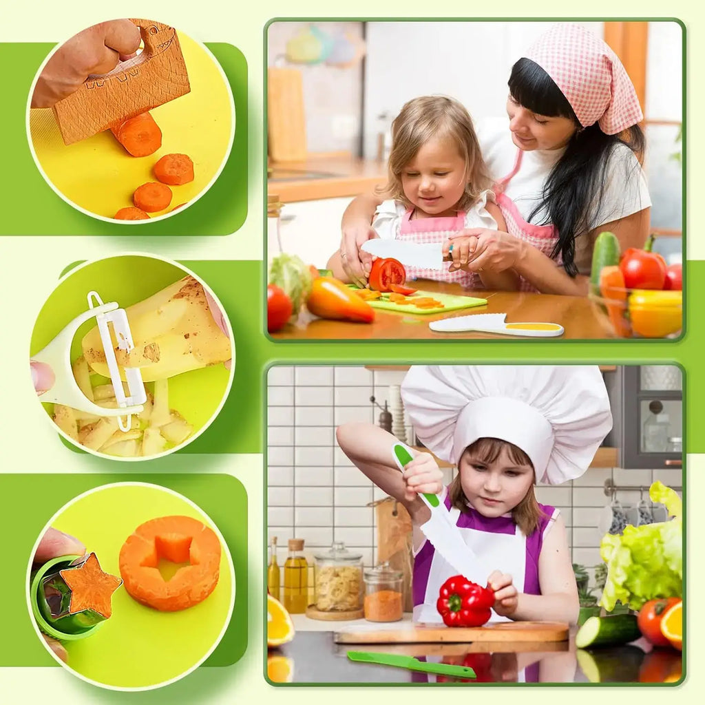 Multiple images of how Montessori Cooking Tools can be used to prepare real meals for children.