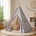 Montessori Teepee Tent assembled in a children's playroom.