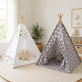 Two teepee tents, white and gray, assembled in a Montessori playroom.