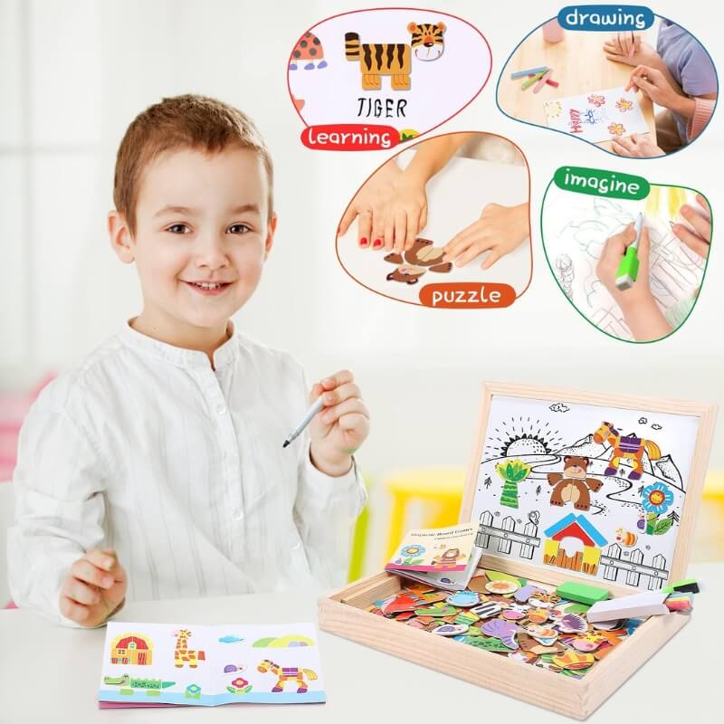 Boy holding a pen and showing everything you can do with the Montessori Magnetic Circus Board