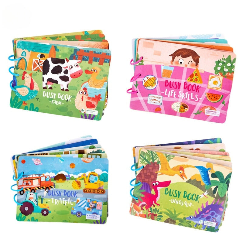 Four versions of the Montessori Sticker Busy Book.