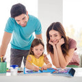 Mom and dad watching their daughter coloring the Montessori Magic Reusable Book