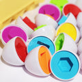 Montessori toy in the shape of eggs that teaches children shapes and colors.