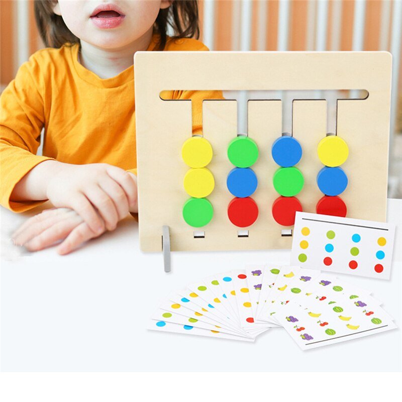 A child sitting in front of the Montessori Double-Sided Matching Game pondering her next move.