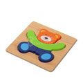 Montessori wooden puzzle in the shape of a colorfully dressed bear.