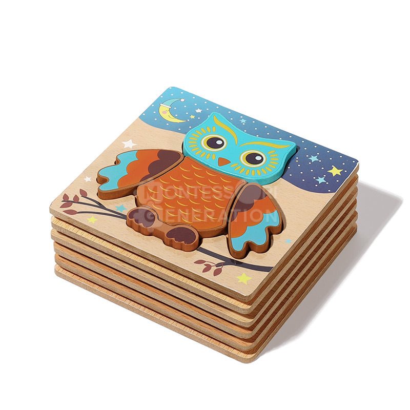Montessori Happy Puzzles (6 Pack) stacked on each other with the owl version on the top.