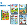 Montessori Magic Reusable Book with various traffic vehicles as water coloring pictures.