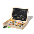 An opened Montessori Circus Board with chalk, magnetic parts, pen, and an eraser. 