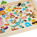 Colorful magnetic pieces of the Montessori Circus board placed in a wooden box,.