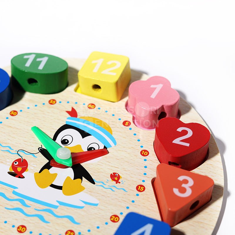 Closeup of the colorful Montessori penguin's clock by Montessori Generation.