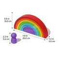 The dimensions of the Montessori Rainbow and one purple figurine.