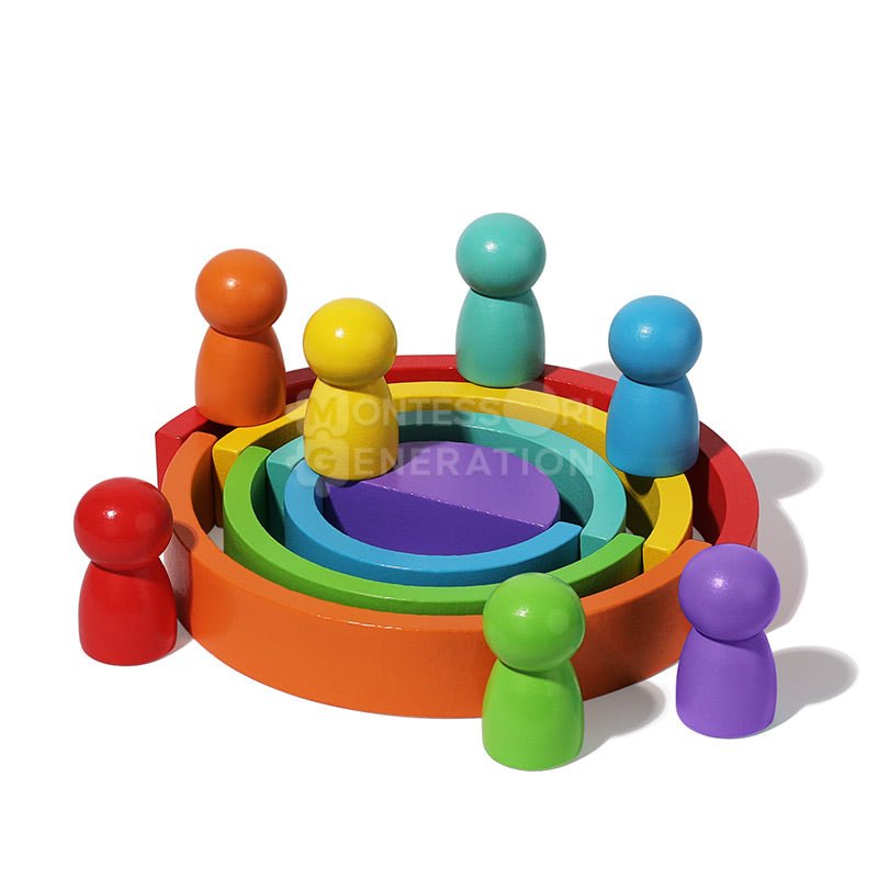 Montessori toy that consists of colorful semi-circles that combined make up a rainbow.