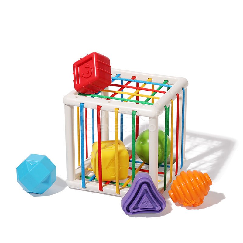 Colorful Montessori Shape Blocks inside and outside of a box with elastic ropes.