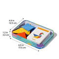 Showcasing the dimensions of the Montessori Sorting Puzzle tin box.