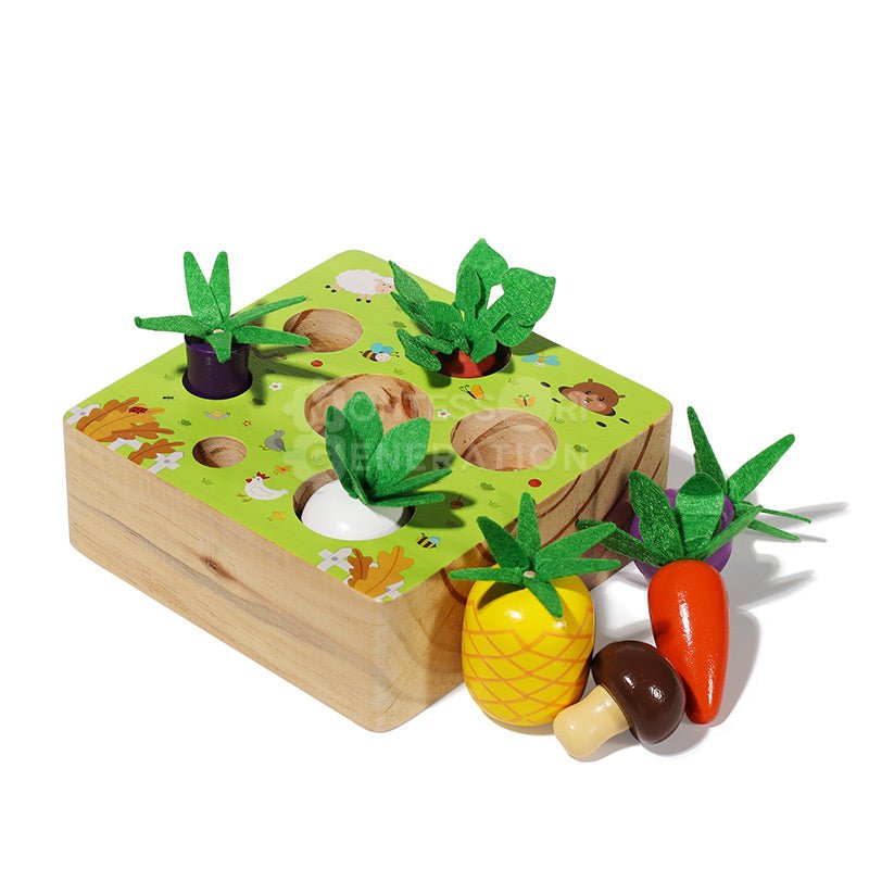 Montessori Vegetable Set made of wood and felt laid on the white background.