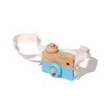 Blue Montessori Wooden Camera for children's skills development. 