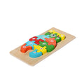 Montessori Wooden Puzzle in a shape of a bear assembled from different colorful pieces.