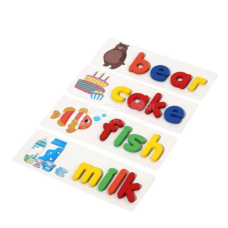 Bear, cake, fish, and milk spelling cards with pictures and letters.