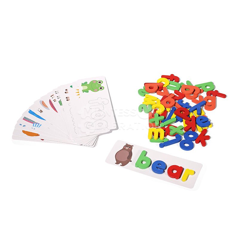 Cards and wooden letters that come with the Montessori Wooden Spelling Game.