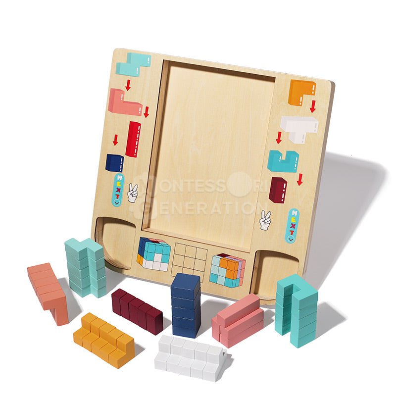Colorful Tetris pieces in front of a Montessori Wooden Tetris board. 