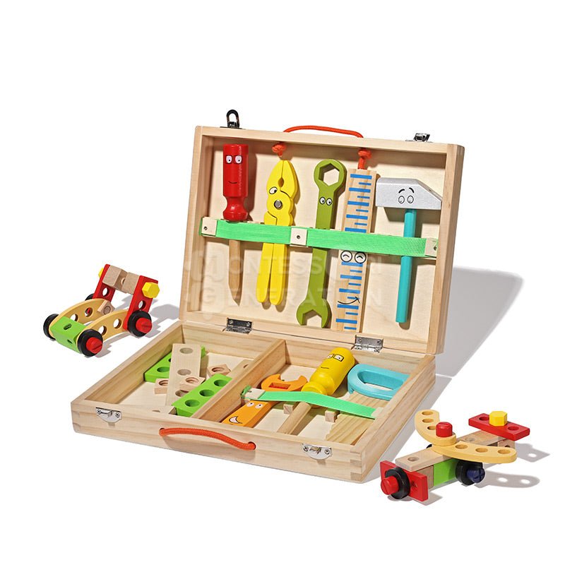 A Montessori Toy that consists of a wooden case, tools, and spare parts for children's skills development.