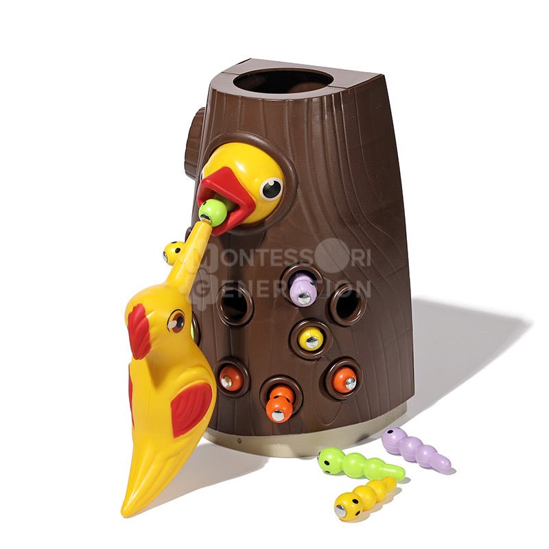 Montessori Woodpecker designed to help children develop fine motor skills and hand-eye coordination.